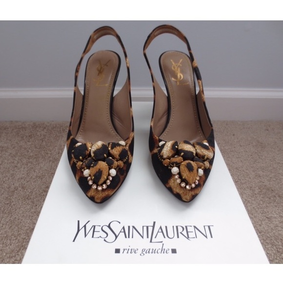 Yves Saint Laurent Shoes - Leopard Print Jeweled YSL Slingback Heels
